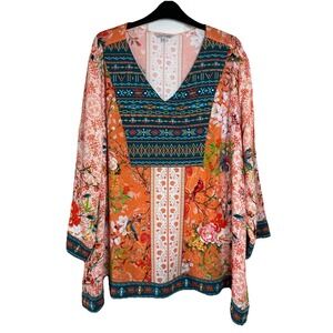 NWT $129 John Mark Women's 2X Orange Cardinal Floral V-Neck Tunic Top Blouse